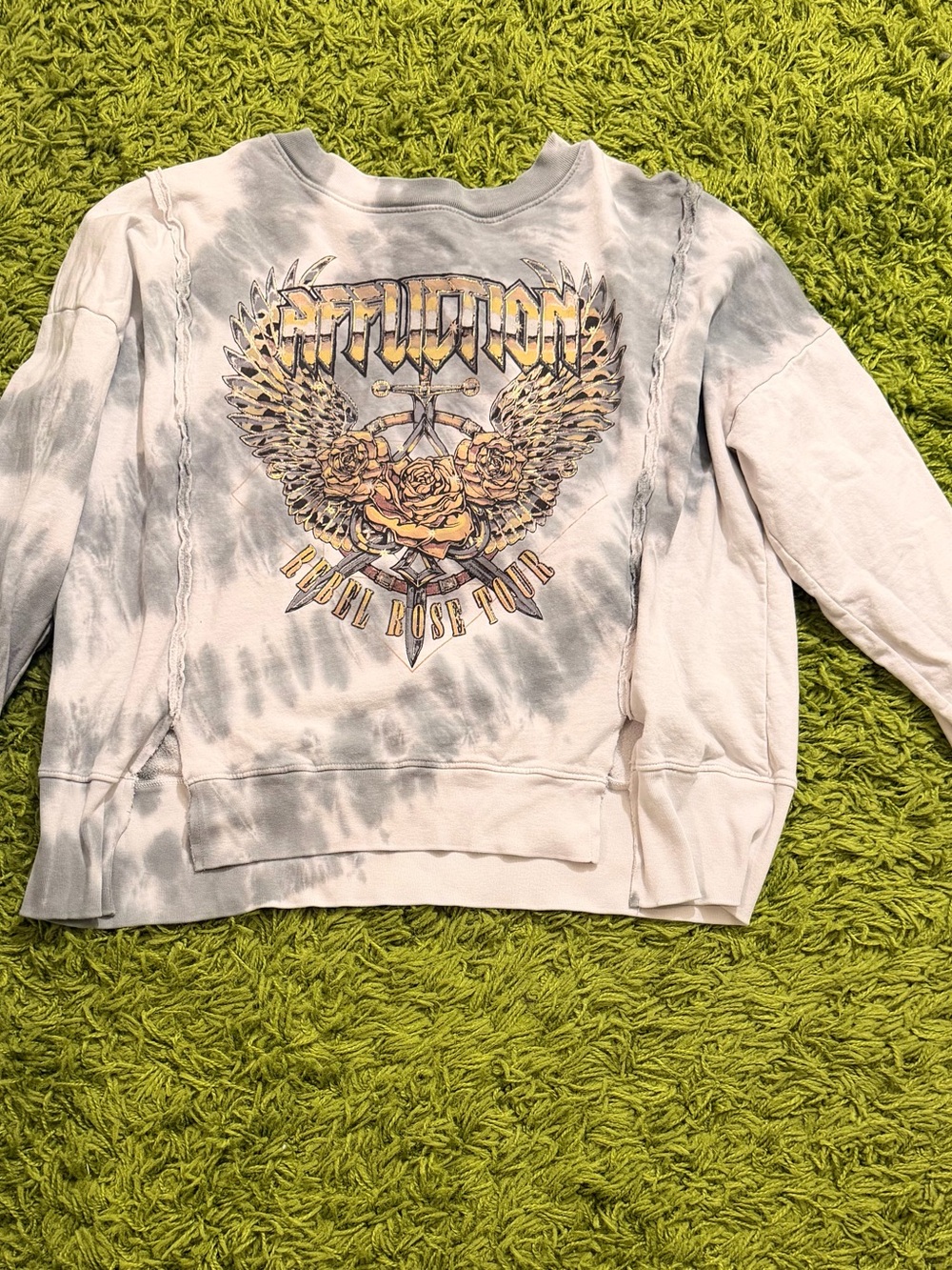 Affliction White & Gray Tie-Dye Graphic Crewneck Sweatshirt with Yellow Accent